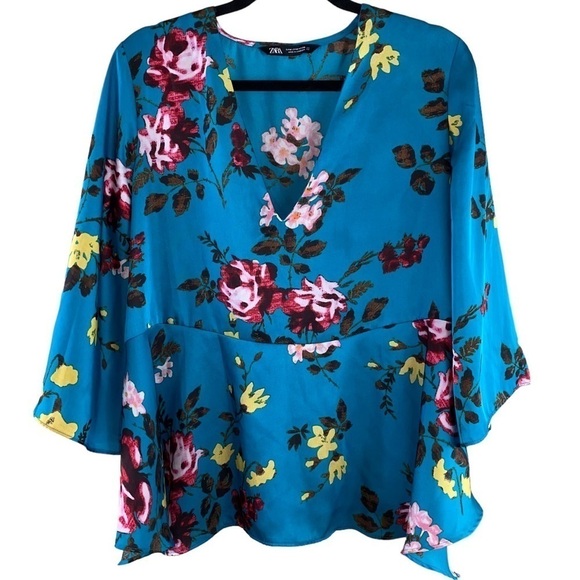 Zara Blouse Teal Floral V-neck with Peplum Sz Medium - Picture 1 of 11